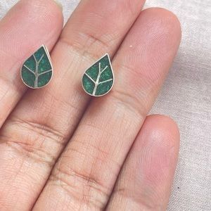 Sterling Silver Leaf Stone Inlay Stud Earrings